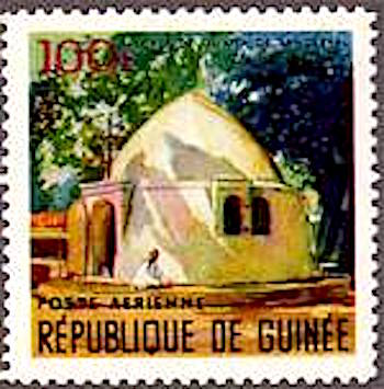 Timbre à l'effigie de la Case Olivier de Sanderval, au quartier Sanderalia de Conakry. L'édifice se trouve dans l'enceinte du Musée national